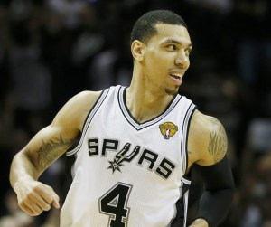 Spurs' Green reacts after sinking a three point basket against the Heat during Game 3 of their NBA Finals basketball playoff in San Antonio